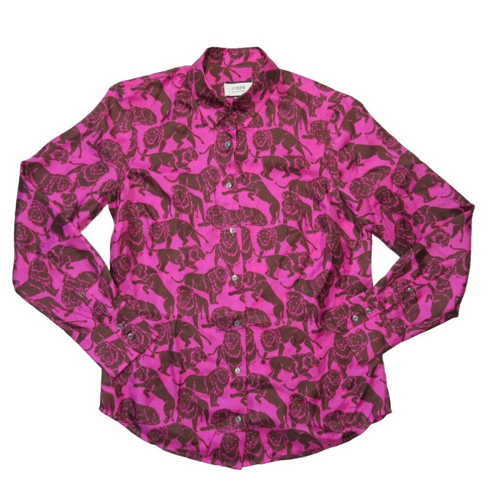 NWT J.Crew Collection Silk-twill Shirt in Fuchsia Brown Sleepy Lions 10